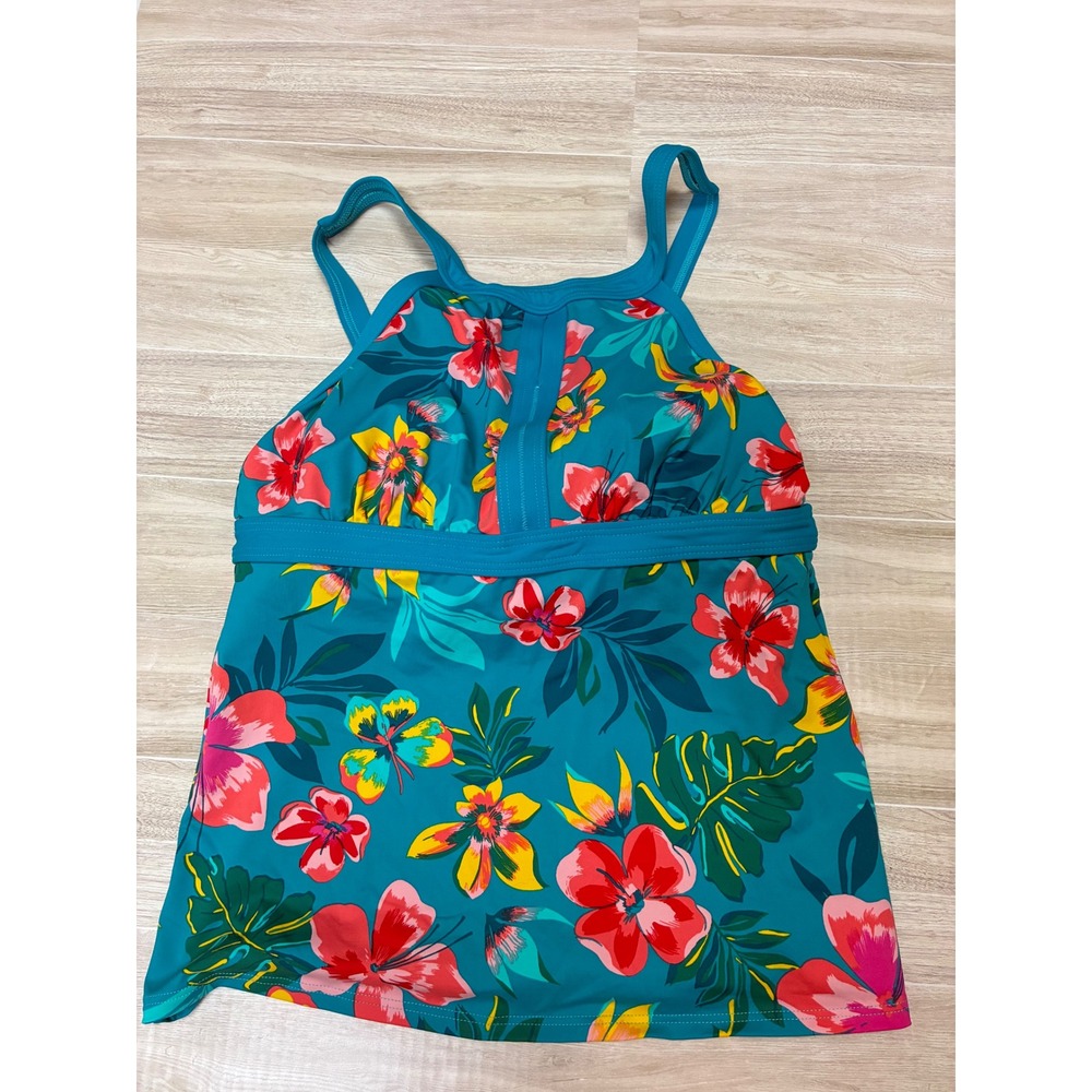 Lands End Womens Teal Tropical Floral High Neck Tankini Swim Top 8 DD